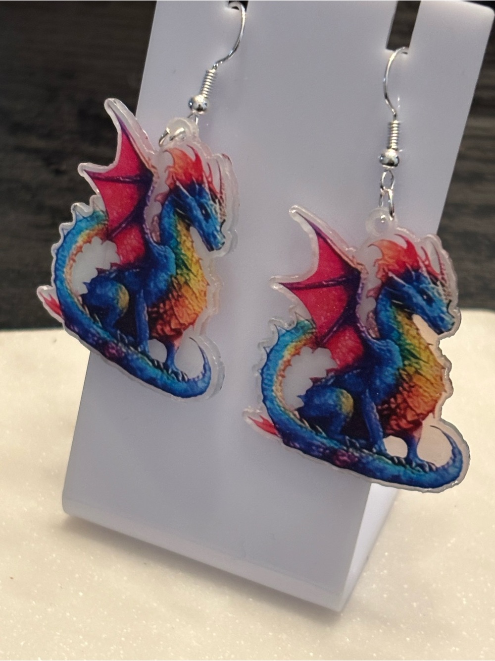 Fire Dragon Earrings | Blue & Red Acrylic Dangle | Silver Hooks
